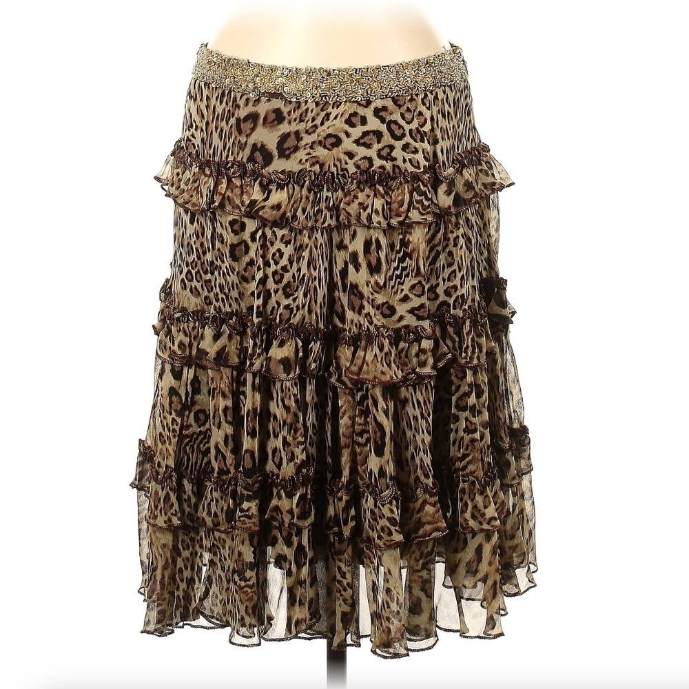 Vintage Robert Rodriguez Silk Embellished Tiered Leopard Print Beaded Skirt 31"